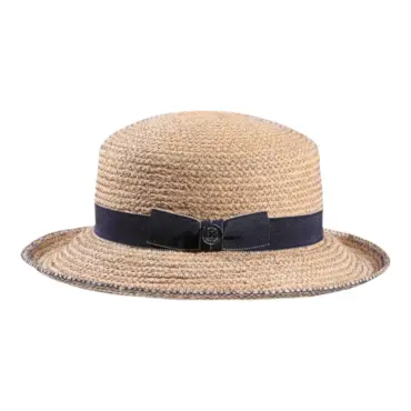 Naturfarbener Aufschlaghut aus Raffia mit Jeansband