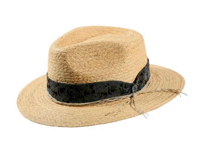 Fedora Strohhut aus Hanf in Gold mit Rebsband