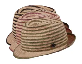Strohhut Trilby aus Raffia mit farbigen Borten in Schwarz, Altrosa oder Olivegrün