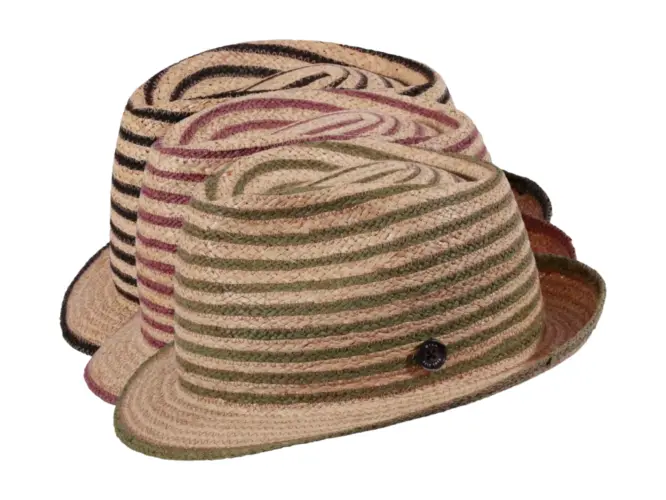Strohhut Trilby aus Raffia mit farbigen Borten in Schwarz, Altrosa oder Olivegrün