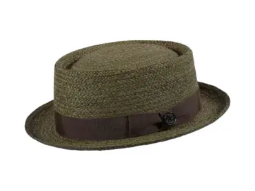 Porkpie Strohhut aus Raffia in vier Farben mit Rebsband und 1919 Knopf