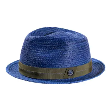 Strohhut Player aus Raffia in Nougat mit Senfgarnitur, Jeans mit Olivgarnitur, Weiß mit blauer Garnitur