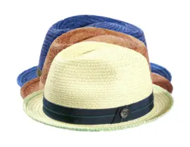 Strohhut Player aus Raffia in Nougat mit Senfgarnitur, Jeans mit Olivgarnitur, Weiß mit blauer Garnitur