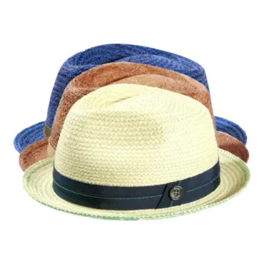 Strohhut Player aus Raffia in Nougat mit Senfgarnitur, Jeans mit Olivgarnitur, Weiß mit blauer Garnitur