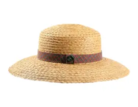Damen Strohhut mit breiter Krempe und Textilband in Karooptik
