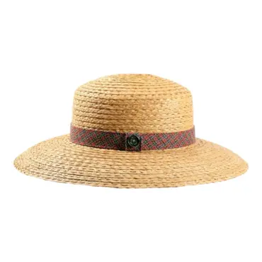 Damen Strohhut mit breiter Krempe und Textilband in Karooptik