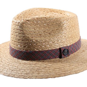Strohhut Fedora mit luftiger Krone und farbigem Textil-Hutband mit Risa-Knopf