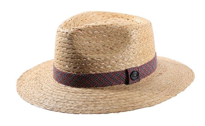 Strohhut Fedora mit luftiger Krone und farbigem Textil-Hutband mit Risa-Knopf