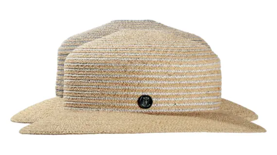 Sommerhut Cloche aus Raffia und Leinen mit gestreifter Krone