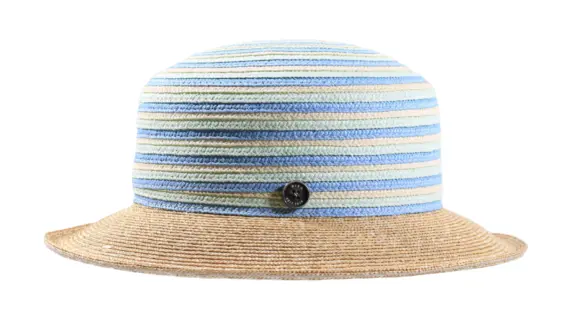 Damenhut mit gestreiftem Kopfteil in Himmelblau und naturfarbener Krempe