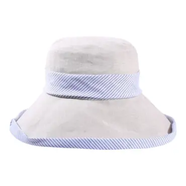 Damen Sommerhut Tiffany in Weiß und Hellbeige mit gestreiftem Leinenband.