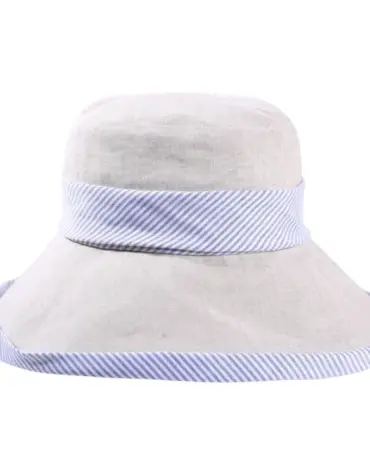 Damen Sommerhut Tiffany in Weiß und Hellbeige mit gestreiftem Leinenband.