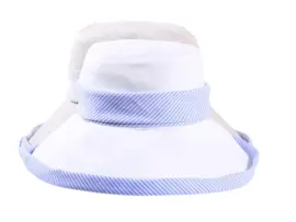 Damen Sommerhut Tiffany in Weiß und Hellbeige mit gestreiftem Leinenband.