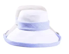 Damen Sommerhut Tiffany in Weiß und Hellbeige mit gestreiftem Leinenband.