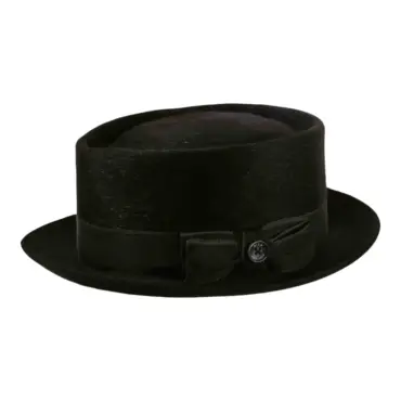 Fedora Melousine in Schwarz aus Haarfilz mit schwarzem Rebsband und grauem Poispoil, handgefertigt in der Schweiz.