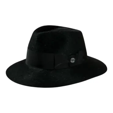 Fedora City Haarfilzhut in Schwarz mit breiter Krempe und schwarzem Hutband, handgefertigt in der Schweiz.