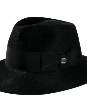 Fedora City Haarfilzhut in Schwarz mit breiter Krempe und schwarzem Hutband, handgefertigt in der Schweiz.