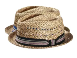 Pork Pie Strohhut natur mit gestreiftem Band in Braun oder Blau