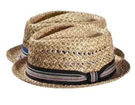 Pork Pie Strohhut natur mit gestreiftem Band in Braun oder Blau