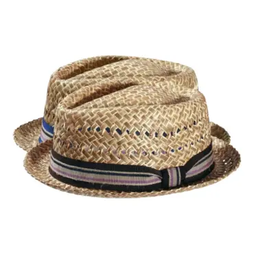 Pork Pie Strohhut natur mit gestreiftem Band in Braun oder Blau