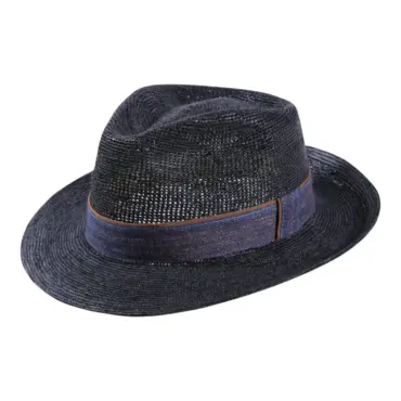 Sommerhut Fedora Raffia gehäkelt Schwarz Petrol Jeansband