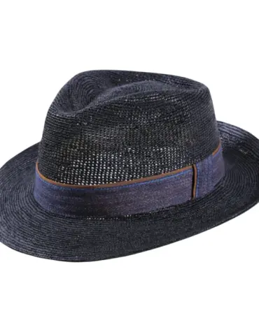 Sommerhut Fedora Raffia gehäkelt Schwarz Petrol Jeansband