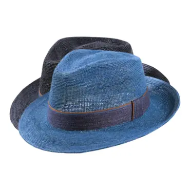 Sommerhut Fedora Raffia gehäkelt Schwarz Petrol Jeansband