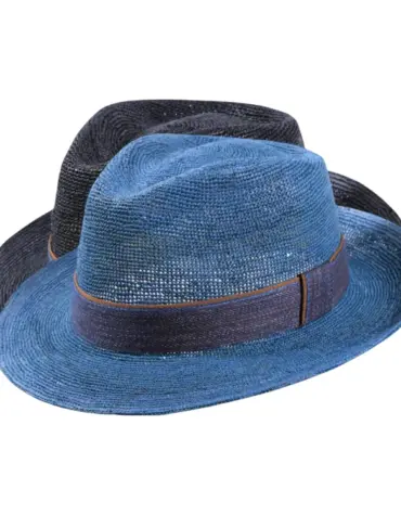 Sommerhut Fedora Raffia gehäkelt Schwarz Petrol Jeansband