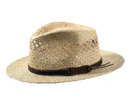 Freizeit Hut Bowens aus Stroh mit braunem Lederband.