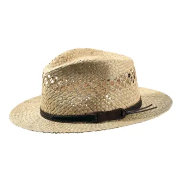 Freizeit Hut Bowens aus Stroh mit braunem Lederband.