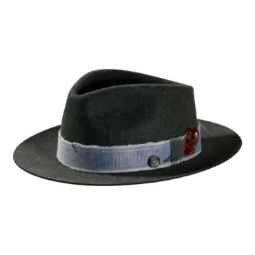 Fedora Bogart Stichelhaar mit Jeans-Hutband und Feder, handgefertigt in der Schweiz
