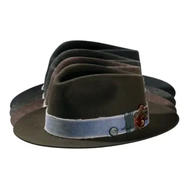 Fedora Bogart Stichelhaar mit Jeans-Hutband und Feder, handgefertigt in der Schweiz
