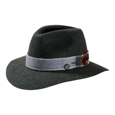 Fedora Traveler Haarfilz dunkelgrau mit Jeans-Hutband und Feder, handgefertigt in der Schweiz.
