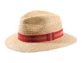 Fedora Strohhut aus Raffia mit rotem Leinengarniturband