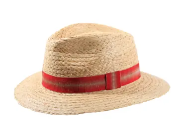 Fedora Strohhut aus Raffia mit rotem Leinengarniturband