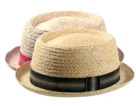 Pork Pie Sommerhut aus Raffia mit gestreiftem Hutband in Schwarz oder Rot