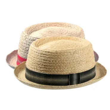 Pork Pie Sommerhut aus Raffia mit gestreiftem Hutband in Schwarz oder Rot