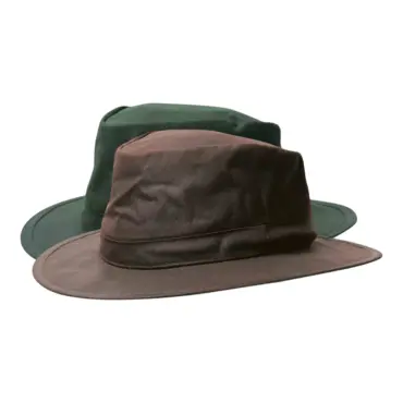 : Gewachster Regenhut aus 100 % Baumwolle in Dunkelbraun und Olive, wasserabweisend