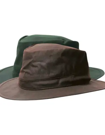 : Gewachster Regenhut aus 100 % Baumwolle in Dunkelbraun und Olive, wasserabweisend