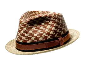 Trilby Strohhut mit Hahnentritt-Muster, Rebsband Cognac/Schwarz