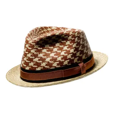 Trilby Strohhut mit Hahnentritt-Muster, Rebsband Cognac/Schwarz