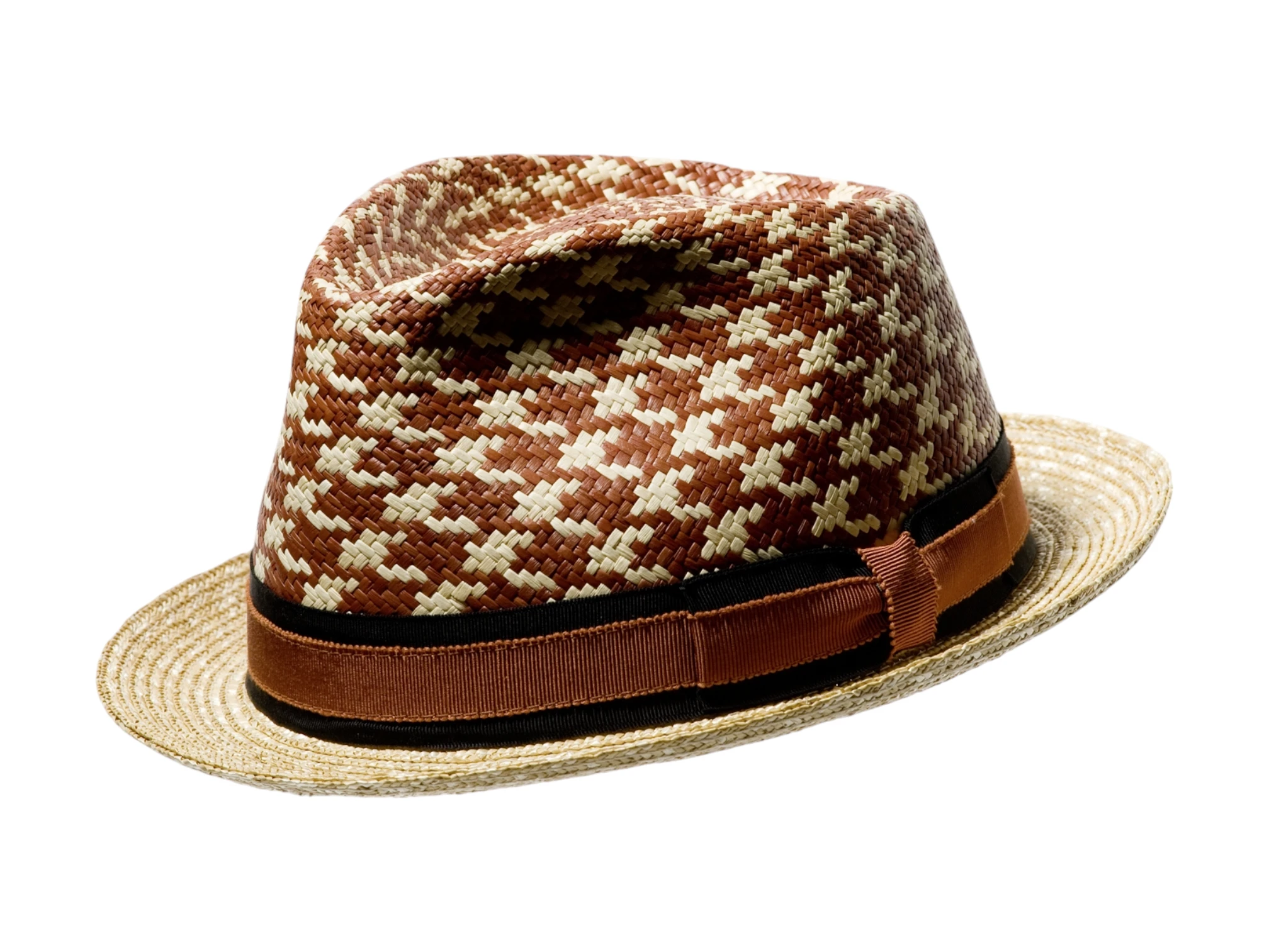 Trilby Strohhut mit Hahnentritt-Muster, Rebsband Cognac/Schwarz