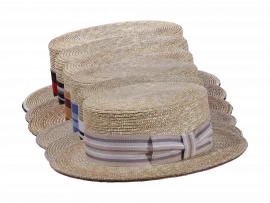 Canotier Strohhut mit flacher Krone und gestreiftem Band