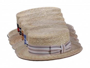 Canotier Strohhut mit flacher Krone und gestreiftem Band