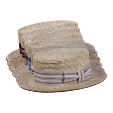 Canotier Strohhut mit flacher Krone und gestreiftem Band