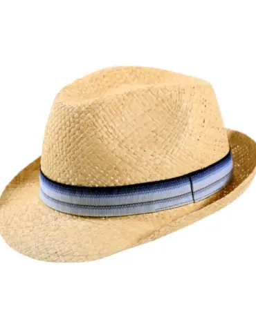 Kinderhut Trilby Raffia mit gestreiftem Leinenhutband