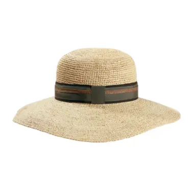 Cloche Raffia gehäkelt grob mit gestreiftem Hutband, in Natur.