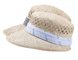 Liegestuhlhut aus naturbelassenem Stroh mit Edelweissband in Blau und Anthrazit