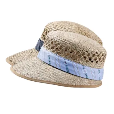 Liegestuhlhut aus naturbelassenem Stroh mit Edelweissband in Blau und Anthrazit