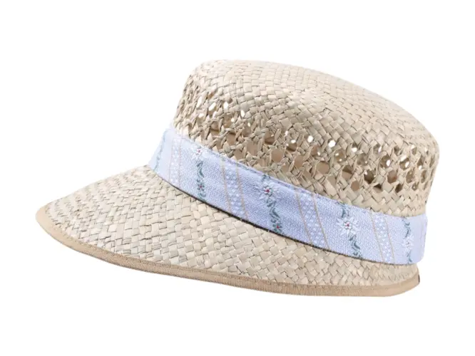 Liegestuhlhut aus naturbelassenem Stroh mit Edelweissband in Blau und Anthrazit
